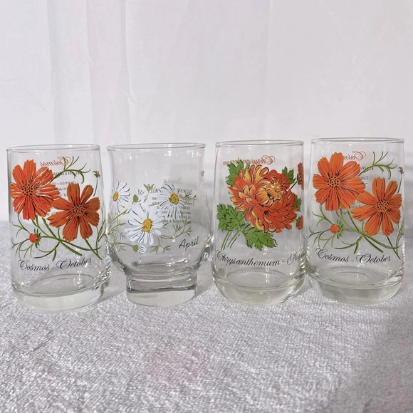Vintage 70s Brockway Flower Of The Month Collection Glasses Tumblers x4 - Picture 1 of 12